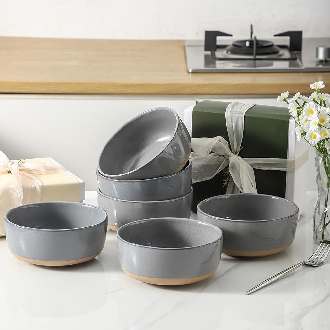 HASENSE 30 OZ Porcelain Soup Bowls, 6" Cereal Bowls - Dark Gray Ceramic Bowls Set of 6 for Soup, Cereal, Oatmeal, Fruit, Rice - Dishwasher & Microwave Safe