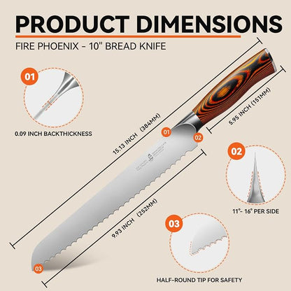 TUO Bread Knife, 10 inch Upgraded Serrated Knife for Homemade Sourdough Bread, High Carbon German Steel with Pakkawood Handle, Gift Box - Fiery Phoenix Series