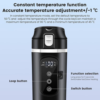 DC 12V/24V Car Travel Electric Kettle, 400ml Car Heating Mug with Anti-Spill Lid, Leak-proof, 304 Stainless Steel Liner Portable Coffee Tea Cup Up to 100℃ Variable Temp Control Bottle