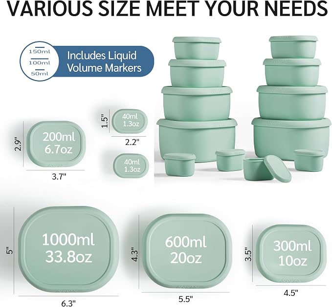 ISSEVE 12Pcs/Set Nesting Silicone Food Storage Containers with Lids, BPA Free Reusable Meal Prep Silicone Containers Airtight, Freezer Dishwasher Safe (33.8oz, 20oz, 10oz, 6.7oz, 1.3oz) (Green)
