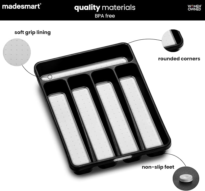 madesmart Classic Compact Silverware Tray with Soft Grip Lining, Carbon | Nonslip feet, 5 compartments, small drawer fit, forks, knives, spoons, cutlery, flatware