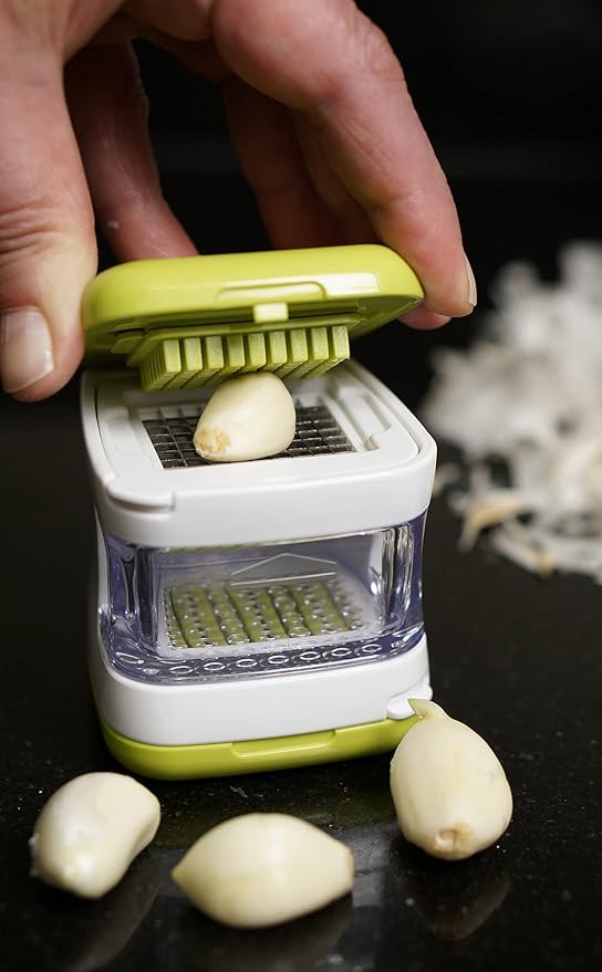 RSVP International Garlic Clove Cube Press Tool, Green/White | BPA-Free Plastic with Stainless Steel Blades | Minces & Slices | Chop, Crush, or Dice Garlic & Herbs | Dishwasher Safe