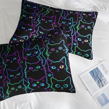 Pamnest 7 Pcs King Size Comforter Set with 2 Pillowcases & 2 Shams, Cute Cat Halloween Bedding Set for Kids and Adults, Neon Funny Gothic Bed in a Bag with Flat Sheet and Fitted Sheet