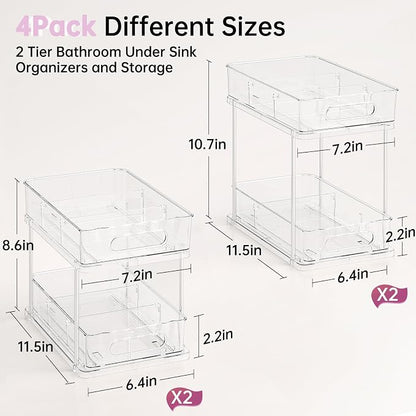 Delamu 2 Tier Under Sink Organizer Bathroom, Bathroom Cabinet Organizer with Snap-Lock Design and Hooks, Pull Out Storage with Movable Dividers, for Countertop, Kitchen and Pantry (Clear, 4 Pack)