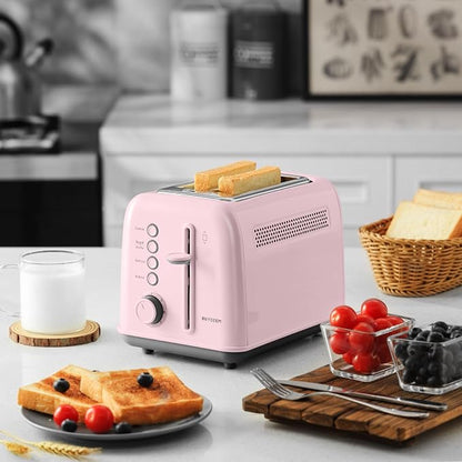 BUYDEEM DT620 2-Slice Toaster, 7 Shade Settings, Extra Wide 1.5'' Slots for Bagel & English Muffin, 6 Toasting Functions, Retro Stainless Steel Toaster with High Lift Lever, Pink