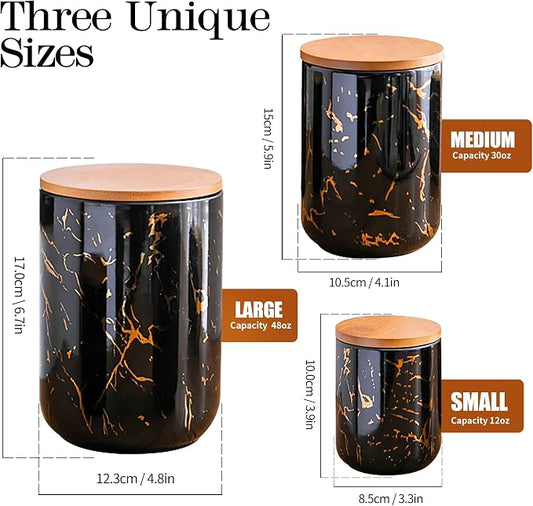 JOJUNO Black Ceramic Canister Set with Bamboo Lid – 3-Piece Airtight Food Storage Jars for Kitchen Counter – Glossy Marble Design, Ideal for Flour, Sugar, Coffee, Tea, Spice – Small, Medium, Large