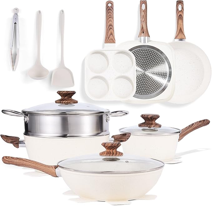 17 Pcs Pots and Pans Set, Nonstick & Non-Toxic Healthy Pots and Pans, Heat-Resistant Handles, Induction Cookware Sets with Frying Pans, White