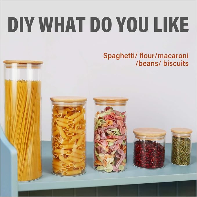 Glass Food Storage Containers Jars with Airtight Bamboo Lid 14 oz 10 pcs, 450 ml Pantry Organization Jar, Glass Terrarium with Lid, Spice, Flour and Sugar Container, Canister Set for Kitchen Counter