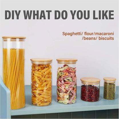 Glass Food Storage Containers Jars with Airtight Bamboo Lid 14 oz 10 pcs, 450 ml Pantry Organization Jar, Glass Terrarium with Lid, Spice, Flour and Sugar Container, Canister Set for Kitchen Counter