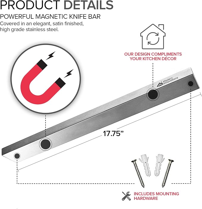 Modern Innovations 18 Inch Stainless Steel Magnetic Knife Bar - Use as Knife Holder, Rack, Strip, Kitchen Utensil and Tool Holder