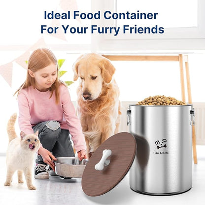 Paw Libero 25 Lbs Stainless Steel Dog Food Storage Container with Airtight Wooden Lid & Ceramic Bone Handle, Large Metal Dog Food Bin for Dogs & Cats, Keep Fresh, Easy to Clean