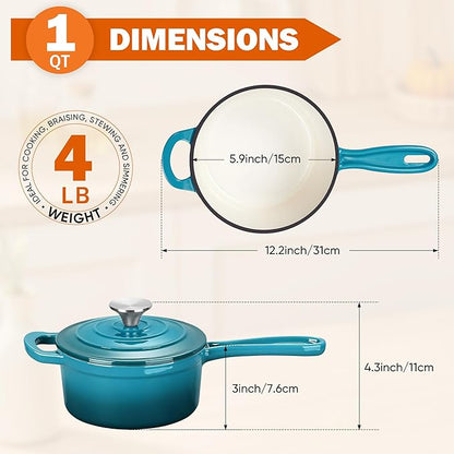 Homikit Cast Iron Sauce Pan, 1 Quart Enameled Cast Iron Saucepan with Lid for All Cooktops, Small Pot Mini Dutch Oven for Kitchen Cooking, Boiling, Nonstick & Heavy Duty, Teal Ombre