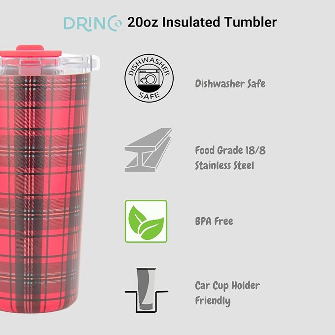 Drinco - 20 oz Stainless Steel Tumbler | Double Walled Vacuum Insulated Mug With Lid, 2 Straws, For Hot & Cold Drinks (20oz Tartan Plaid)