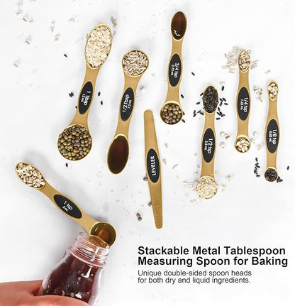 Magnetic Measuring Spoons Set Stainless Steel with Leveler-9pcs Stackable Measuring Cups for Baking-Measuring Cups and Spoon Set Kitchen Gadgets Apartment Essentials Fits in Spice Jars