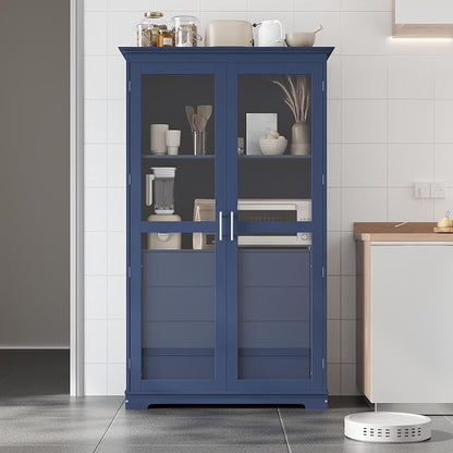 VilroCaz 75'' Tall Kitchen Pantry, Wood Freestanding Kitchen Storage Cabinet Display Cabinet with Glass Doors and 4 Built-in Drawers for Living Room Home Office (Blue-6.21)