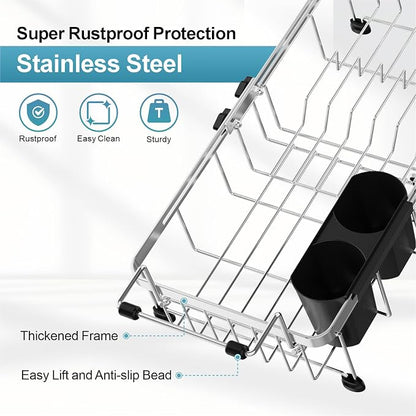 GSlife Small Over the Sink Dish Drying Rack - 9" W Expandable Stainless Steel Compact Dish Drainer for RV, Apartment, Camper, Kitchen, Dish Strainer with Lock Knob, Silver