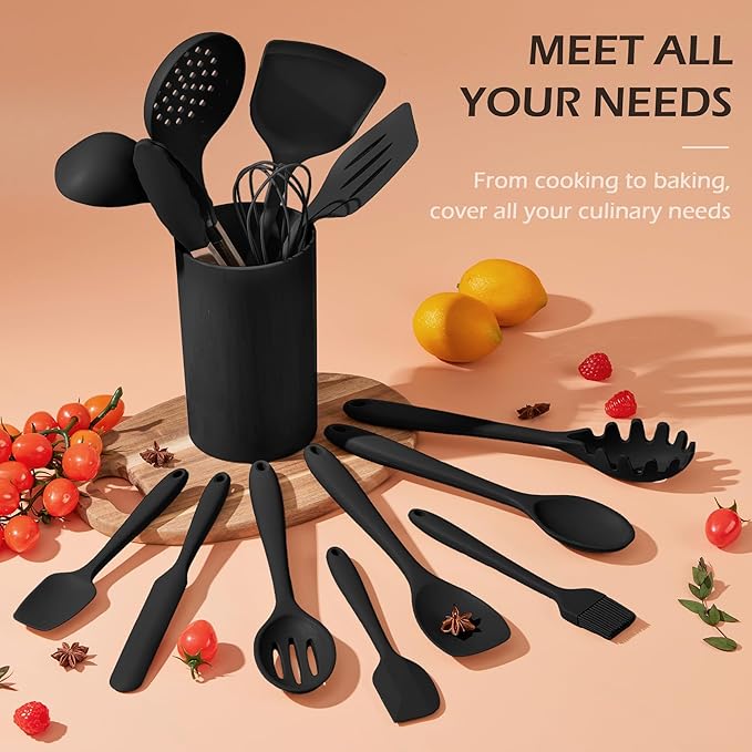 Homikit Silicone Cooking Utensil Set, 15pcs Kitchen Utensils with Holder for Nonstick Cookware, Heat Resistant Nontoxic Silicone Spatula Set Dishwasher Safe Kitchen Tools for Baking-Black