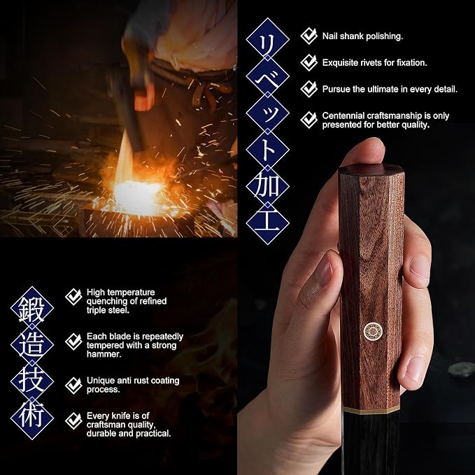ENOKING Japanese Nakiri Knife, 7 Inch Vegetable Knife 5 Layer 9CR18MOV Clad Steel Cooking Knife for Kitchen, Super Sharp Kitchen Knife with Ebony Bolster African Rosewood Handle with Wooden Box