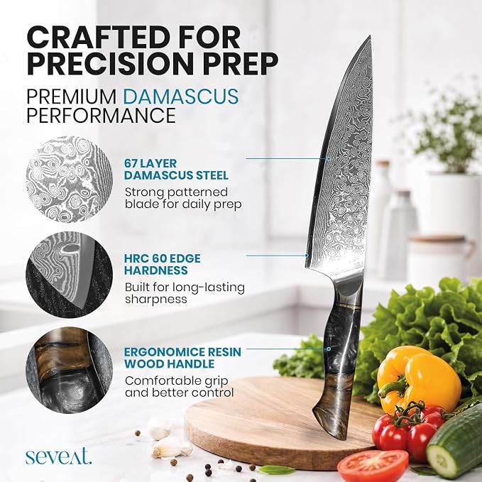 Damascus Kitchen Knife | 67-Layer Damascus Steel | 13” Professional Chef Knife | Ergonomic Wood & Resin Handle | Gift Box Included (Black, 1 Piece)