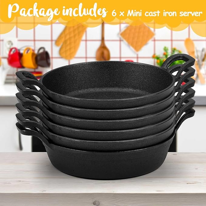 Ziliny Mini Cast Iron Skillets 7 x 7 x 1.7 Inch Cast Iron Pan Small Ramekin Set Black Casserole Dish Cookware Oven Safe Mini Skillets for Kitchen Indoor Outdoor Picnic (6 Pack)