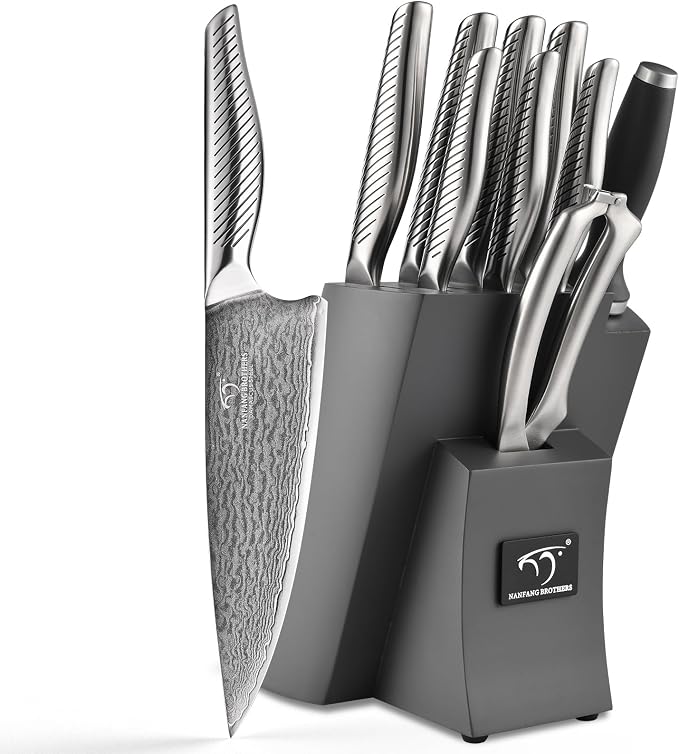 NANFANG BROTHERS® 10 Pieces Damascus Kitchen Knife Set, High Carbon Stainless Steel Damascus Steel Chef Knife Set, Stainless Steel Ergonomic Handle for Chef, with Built-in Sharpening Rod NF