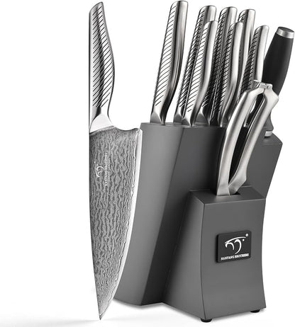 NANFANG BROTHERS® 10 Pieces Damascus Kitchen Knife Set, High Carbon Stainless Steel Damascus Steel Chef Knife Set, Stainless Steel Ergonomic Handle for Chef, with Built-in Sharpening Rod NF