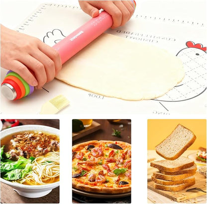 3 Pcs Adjustable Rolling Pin Set with Thickness Rings,15 Inch Silicone Rolling Pin for Dough,Non Stick Baking Roller for Cookies, Pizza, Pie Crust, Pastry, Fondant, Pasta, Kitchen Baking Tool