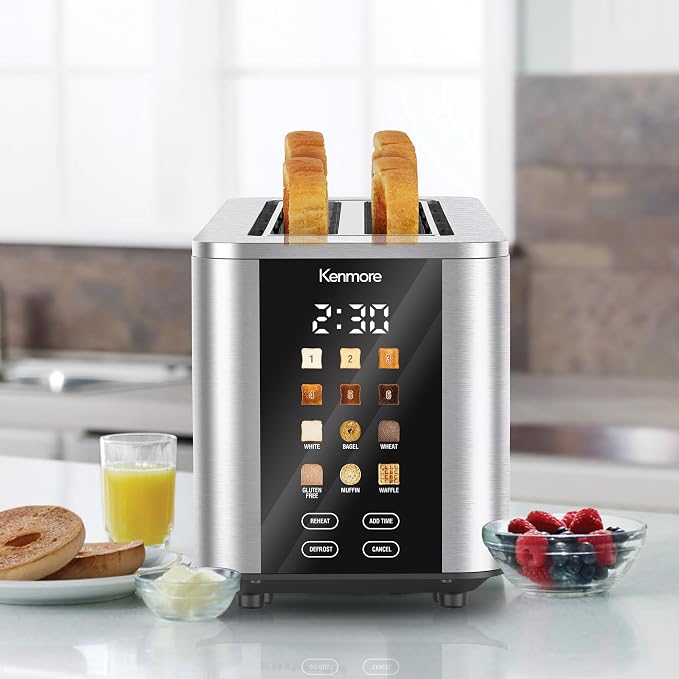 Kenmore 4-Slice Digital Touchscreen Toaster - 1400W Stainless Steel, Wide Slots 6 Shade Settings, Bread Presets, Countdown Timer, Reheat & Defrost Functions Compact Countertop Design tostadora digital