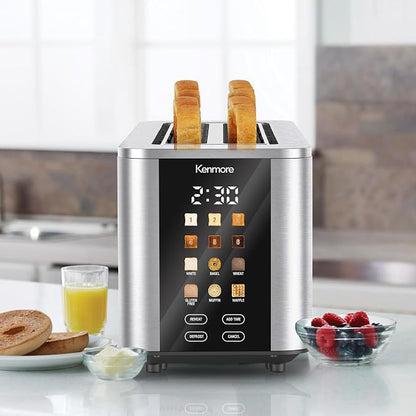 Kenmore 4-Slice Digital Touchscreen Toaster - 1400W Stainless Steel, Wide Slots 6 Shade Settings, Bread Presets, Countdown Timer, Reheat & Defrost Functions Compact Countertop Design tostadora digital
