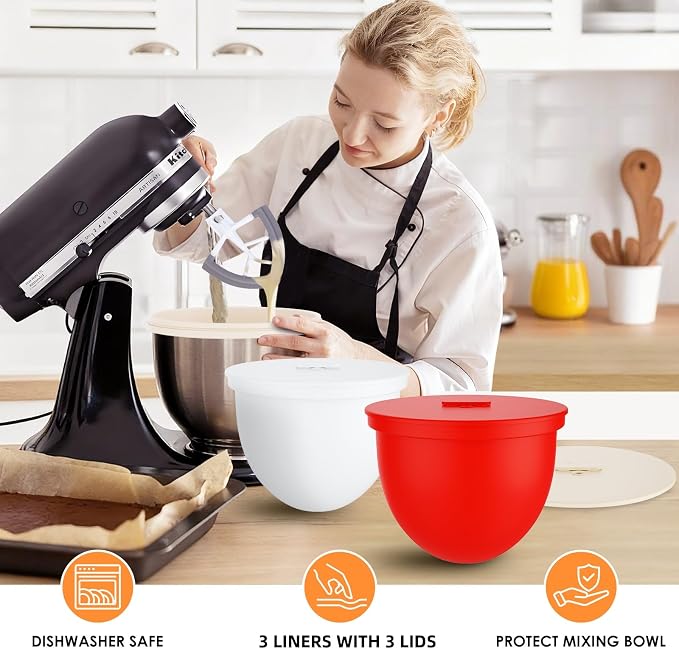 Silicone Bowl Liners for KitchenAid 4.5 Qt Tilt-Head Mixer, Silicone Bowl Insert for KitchenAid 4.5 Quart Mixer, Included 3 Liners with 3 Lids (For 4.5 Qt Tilt-head)