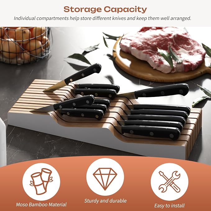 In-Drawer Knife Block Organizer - Bamboo Wood Drawer Knife Organizer-Protecting Knife Organizer Block (Not Included) (White, 13 Knives Dock)