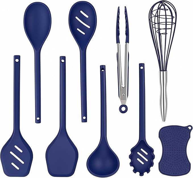 Kitchen Utensils Set,9 PCS Silicone Cooking Utensils Set Spatula Set,Non Toxic Cooking Utensils,Tongs,Spoon,Whisk,Brush,BPA Free Kitchen Gadgets for Non-Stick Cookware,Home Essential(Blue-9P)