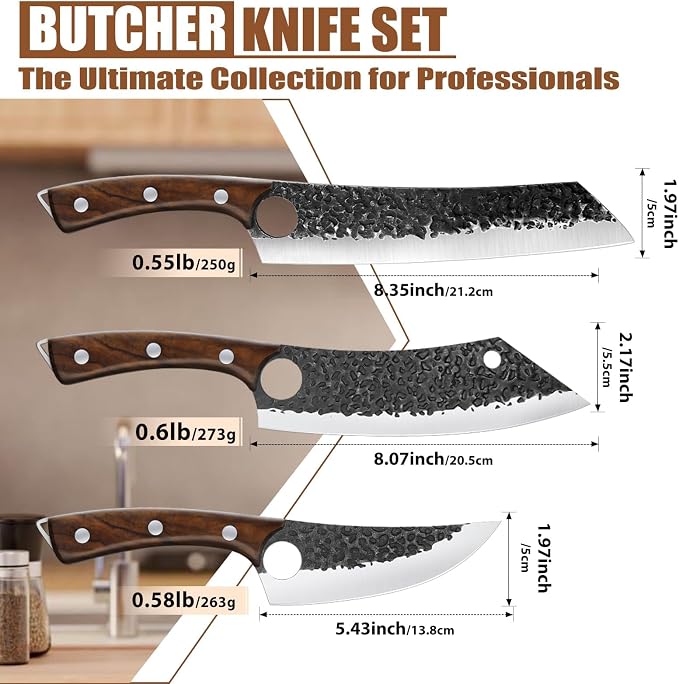 Purple Dragon 6 pcs Chef Knife Set, High Carbon Steel Hand Forged Meat Boning Carving Cleaver Butcher Knife with Accessories for Kitchen, BBQ Camping Knives Set, Christmas Gift for Man