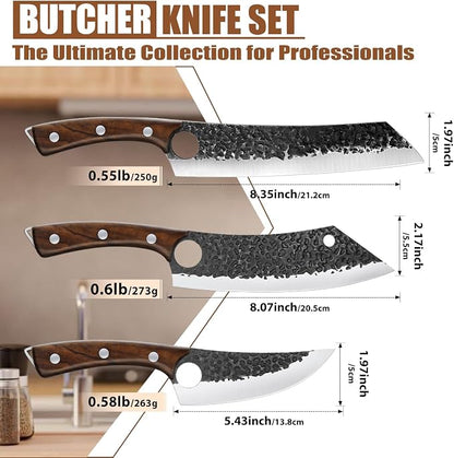 Purple Dragon 6 pcs Chef Knife Set, High Carbon Steel Hand Forged Meat Boning Carving Cleaver Butcher Knife with Accessories for Kitchen, BBQ Camping Knives Set, Christmas Gift for Man
