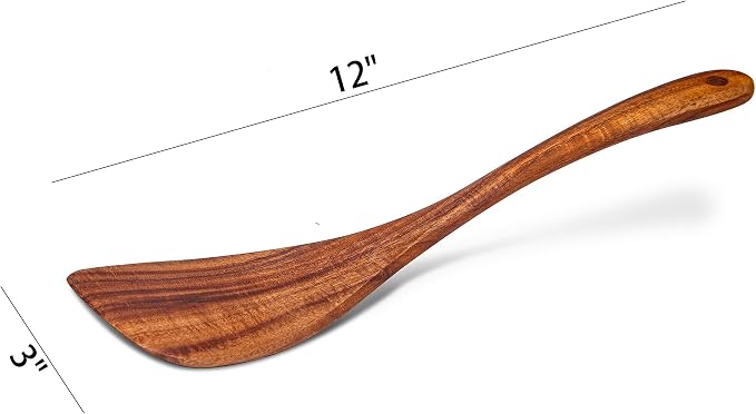 Jilla-hla Wooden Spatula Nonstick Turner Acacia Wood, Right Long Handle Flat Frying Spatulas Handmade for Mother Wife Grandma Her Kitchen Gift, Ideal Cookware Utensils for Cooking Eggs, Fish, Pancakes