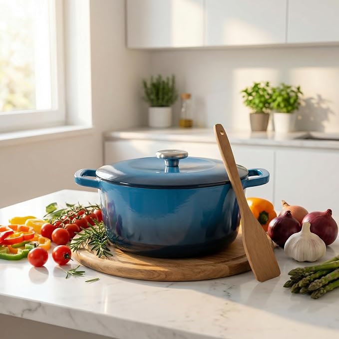 5.5QT Enamel Cast Iron Dutch Oven with Lid,Dual Handles,Versatile Heavy-Duty Non-toxic Cookware for Sourdough Bread Baking,Braising,Stews,Roasting,Oven Safe up to 500°F blue