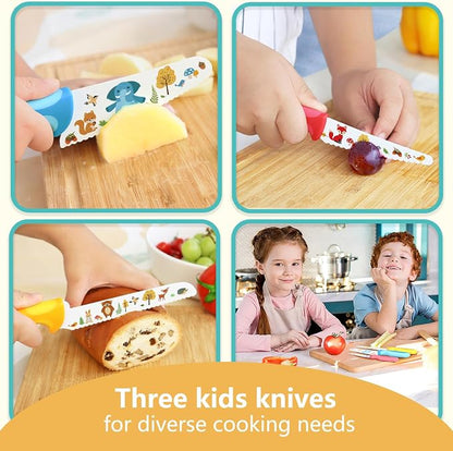 Kibbidea Kids Knife Set for Real Cooking, 4pcs Kids Safe Kitchen Cutting Knives, Stainless Steel Blades, Children First Starter knife, BPA-free (Multicolor)