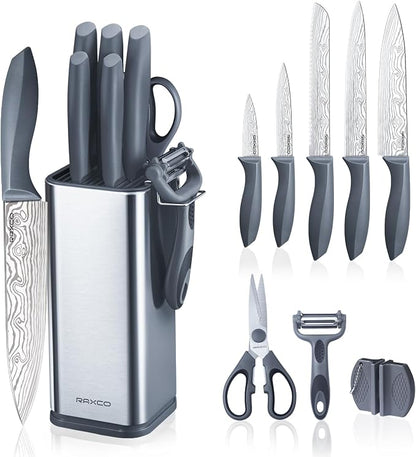 RAXCO Kitchen Knife Set,10-Piece Stainless Steel Knife Set with Block,Gray | Pro-Sharpened Kitchen Knives,Space-saving Compact Organizer for Small Kitchen,RV,Apartment and Dorm
