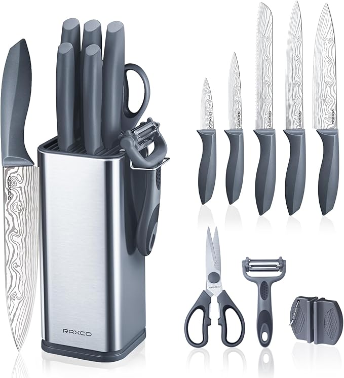RAXCO Kitchen Knife Set,10-Piece Stainless Steel Knife Set with Block,Gray | Pro-Sharpened Kitchen Knives,Space-saving Compact Organizer for Small Kitchen,RV,Apartment and Dorm