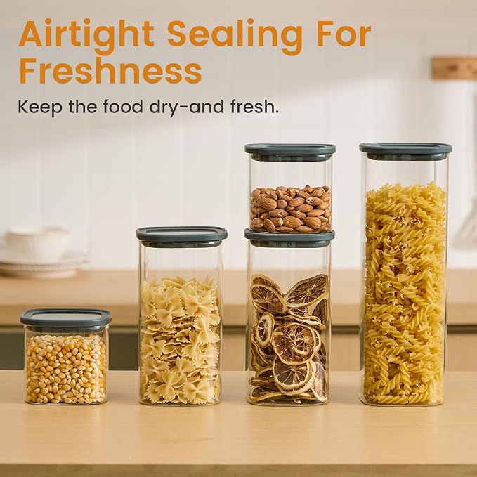 Square Glass Food Storage Jars with Lids Set of 5, Perfect for Pasta, Cookies, Nuts, Coffee, Cereal, Flour,Organize Your Kitchen with these BPA-Free Glass Jars with Silicone Lids