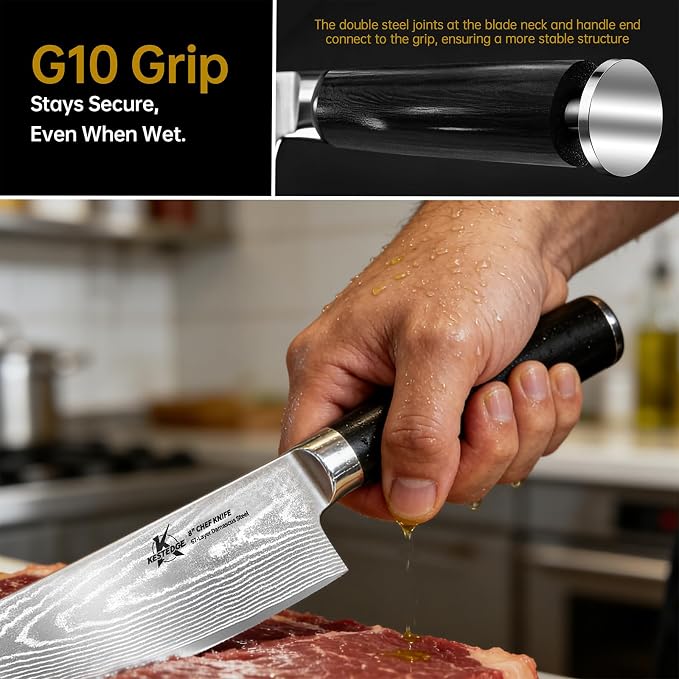 8 Inch Chef Knife VG10 Damascus - Ultra Sharp G10 Handle | Ultra sharp VG10 chef knife, Damascus non-stick blade, military-grade G10 grip, rust resistant, perfect for meal prep