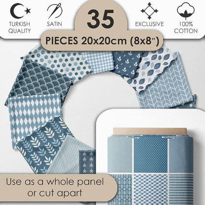 Cotton Satin Patchwork Fabric Panel – 35 Designs, 20×20 cm Squares, Single Piece 150×110 cm, Blue Patchwork Quilt Fabric (Blue Harmony Patchwork Set, 35pcs 8x8 inch)