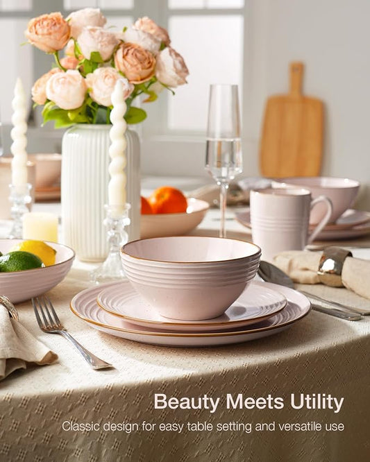 Famiware Jupiter 18-Piece Stoneware Dinnerware Sets for 6 – Handcrafted Plates and Bowls with Speckles & Embossed Swirls, Chip & Scratch Resistant, Modern Rustic Dishes for Daily & Formal Use, Pink