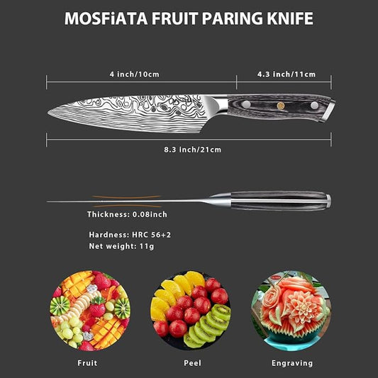 MOSFiATA 4 Inch Paring Knife, Kitchen Knife Fruit Knives with Sheath, German High Carbon Stainless Steel EN1.4116 Precision Cooking Vegetable Knife for Carving, Peeling, Trimming