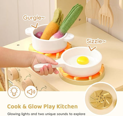 OOOK Wooden Pretend Play Kitchen Set with Storage System, Kids Play Kitchen with Plenty of Play Features, Toddler Kitchen Playset for Toddlers 3-5