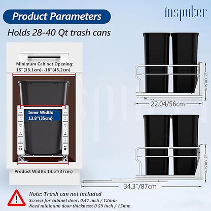 Insputer Dual Pull Out Trash Can Under Cabinet with Soft-Close Slides, Heavy Duty Under Sink Trash Can Kit for Kitchen Sink, Laundry, Garbage Can Not Included, Requires 17" W X 24" D Cabinets