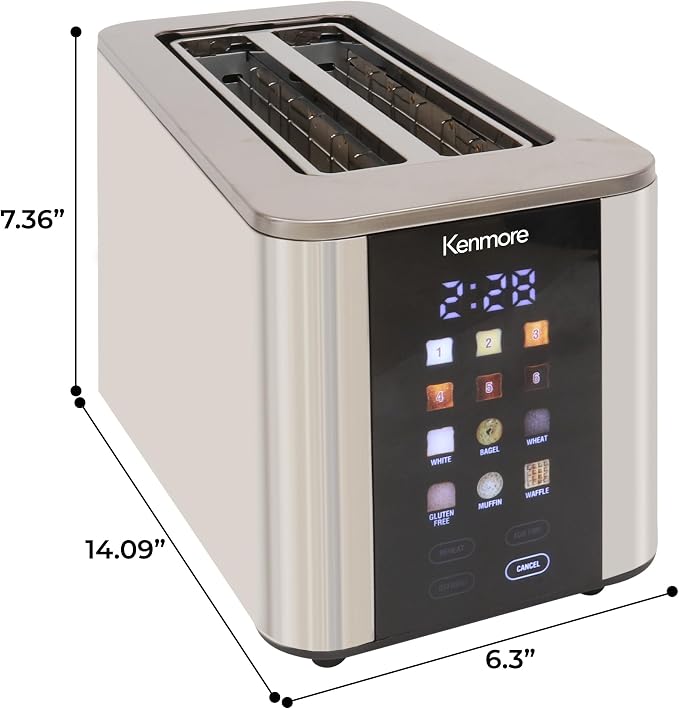 Kenmore 4-Slice Digital Touchscreen Toaster - 1400W Stainless Steel, Wide Slots 6 Shade Settings, Bread Presets, Countdown Timer, Reheat & Defrost Functions Compact Countertop Design tostadora digital