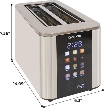 Kenmore 4-Slice Digital Touchscreen Toaster - 1400W Stainless Steel, Wide Slots 6 Shade Settings, Bread Presets, Countdown Timer, Reheat & Defrost Functions Compact Countertop Design tostadora digital