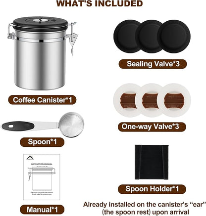 ShanSon Coffee Canister Airtight, Stainless Steel Bean Storage Container with Date Tracker & Scoop, Grounds Sugar Flour Tea Cereal Fits Kitchen Pantry, Ideal Gift for Coffee Lovers,16oz,Silver