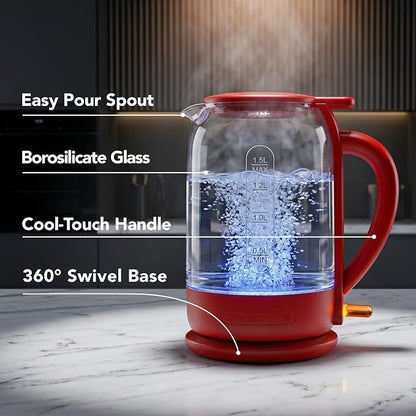 OVENTE Electric Kettle with 1.5L Borosilicate Glass, 1500W Fast Boiling Water Heater for Coffee or Tea, Easy to Fill Lid, Auto Shut-Off, Boil-Dry Protection & Stainless Steel Filter, Red KG516R